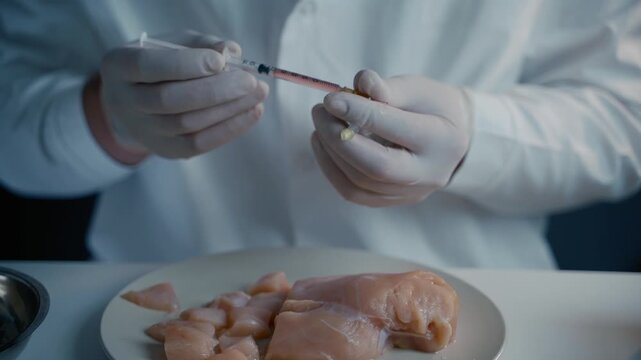 A laboratory scientist in sterile gloves uses a syringe to inject chemical additives or test a raw chicken breast sample next to beakers with colored liquid for quality control.