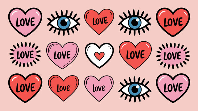 Set of heart shapes containing the word love and human eyes with blue irises on a soft pink background