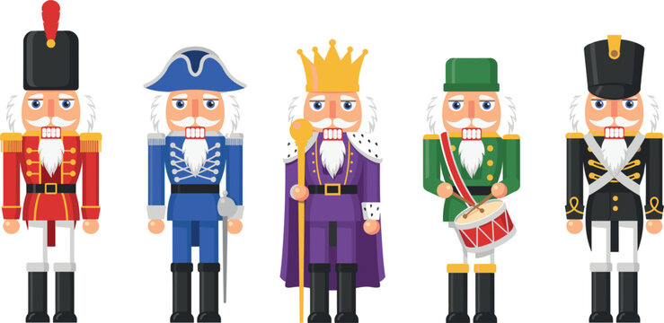 Collection of traditional christmas nutcracker soldier and king characters illustration isolated on white vector