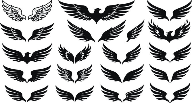 Heraldic wing and eagle crest collection with shield elements, black silhouette vector tattoo illustration