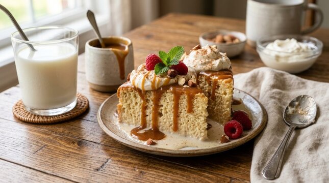 Decadent slice of tres leches cake topped with whipped cream, berries, and caramel drizzle on wooden table.