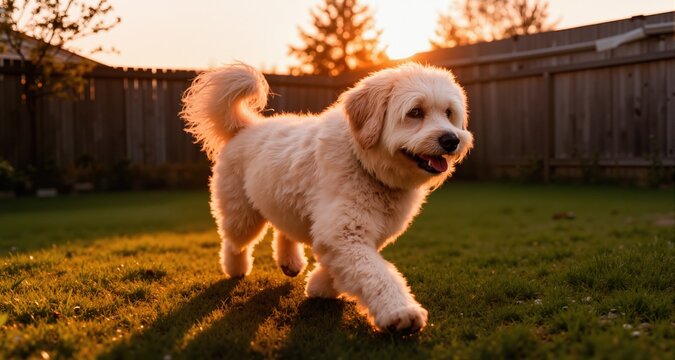 Fluffy dog walking in backyard at sunset
