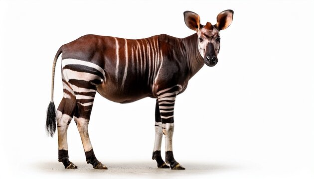 okapi standing alert with striped legs against a white backdrop
