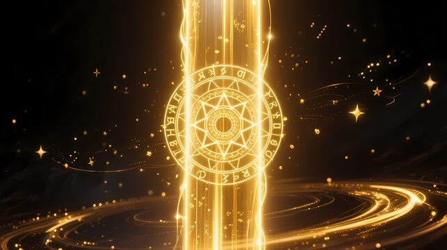 Glowing golden magic circle in dark void