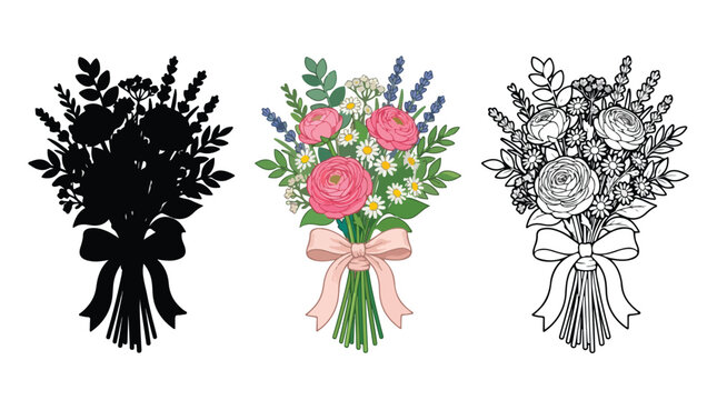 Floral bouquet vector set with ranunculus and lavender, botanical flower arrangement in color, line art and silhouette styles, wedding invitation elements