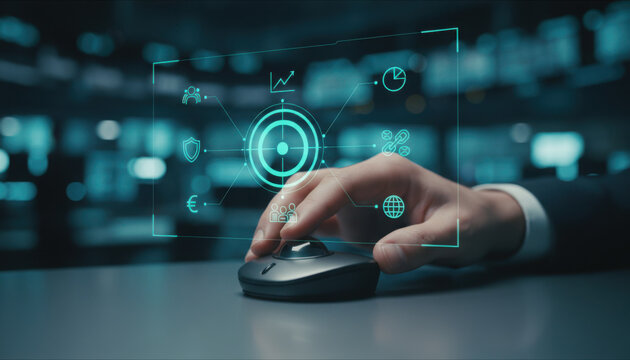 Close up of a professional hand using a dark grey trackball mouse to interact with a glowing cyan holographic data interface featuring financial and global icons
