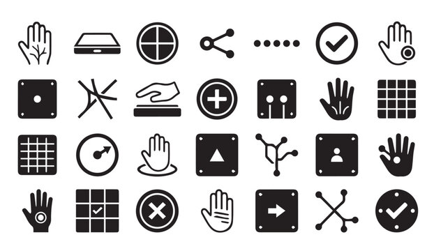 A diverse set of interaction, user interface, and control black glyph icons