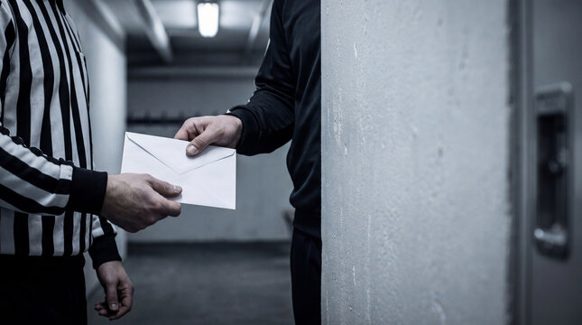 Man in striped uniform receiving envelope from man during secret meeting. Corruption and bribery concept. Illegal transaction in dark hallway. Ethical violation and criminal activity.