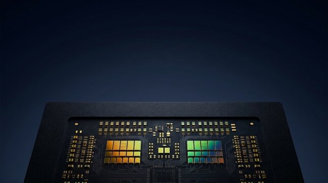 Advanced central processing unit featuring intricate gold circuitry and colorful light reflections on a dark professional high tech computer background