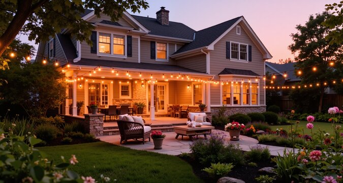 Beautiful suburban house patio in summer evening with garden lights
