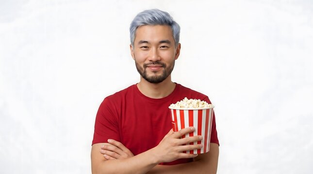 Smiling man with blue hair holding a bucket of popcorn