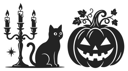 Fototapeta premium Halloween illustration with a black cat, candelabra, and a carved pumpkin