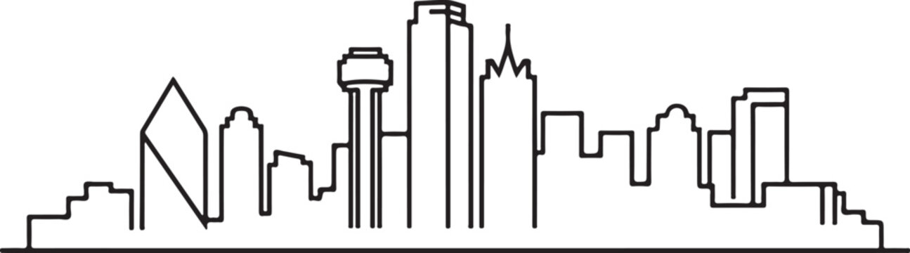 Minimalist continuous line art drawing of the dallas skyline silhouette vector art