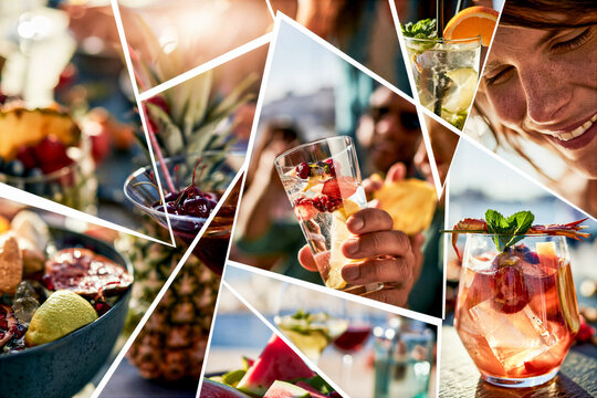 montage of young people enjoying long summer drinks and colourful summer cocktail relaxing in the sun in a grid formation separated by a white key line creating a dynamic layout