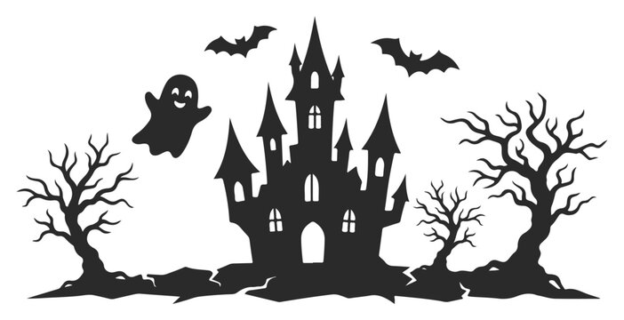 Haunted castle silhouette with ghost, bats and dead trees for halloween