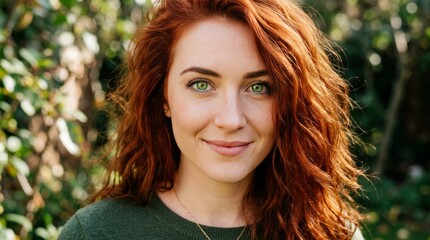 Fototapeta premium Young woman with striking green eyes and vibrant red hair smiles gently outdoors