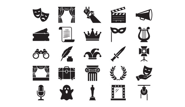 Performing arts theatre and stage production icon set with performance, dramatic