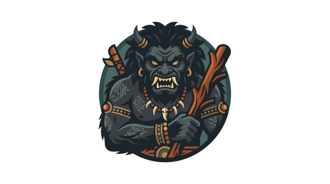 Circular dark demon emblem with wooden club.