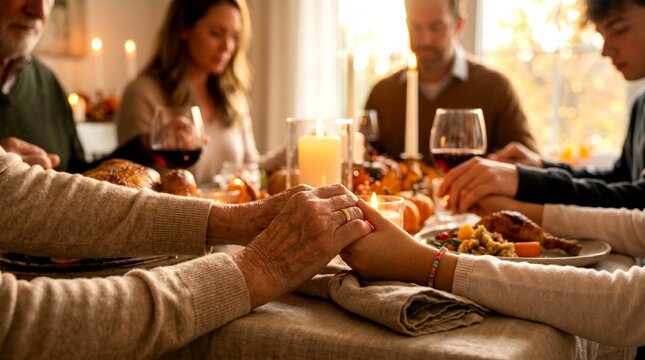 Multigenerational family holding hands praying over Thanksgiving turke