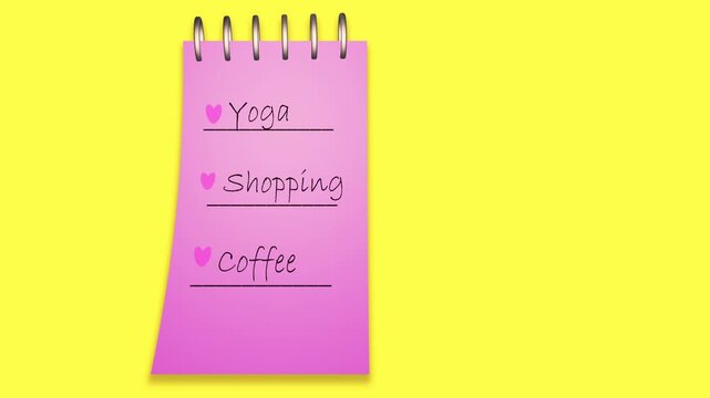 Colourful notepad spiral bound list on yellow background 