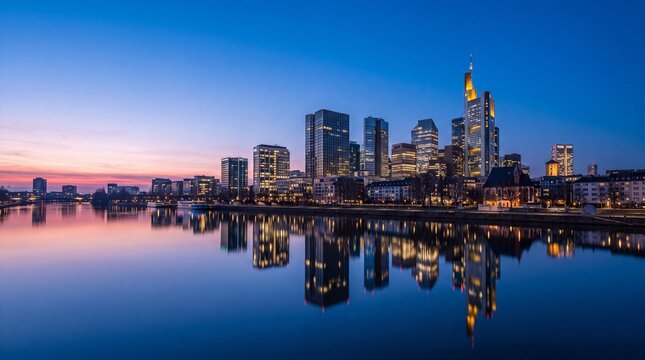 Frankfurt City Skyline Reflected In River At Blue Hour Twilight