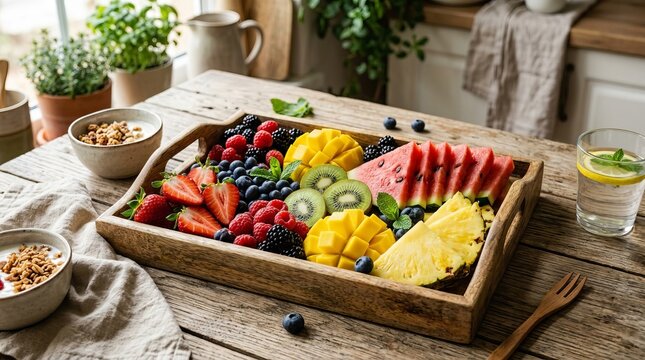 Vibrant platter of fresh summer fruits and berries served on a rustic wooden table, a healthy and delicious breakfast.