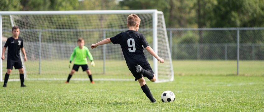 Young boy in black sports uniform kicking soccer ball towards goal while two teammates watch on a lush green field during daytime capturing a moment of active sportsmanship
