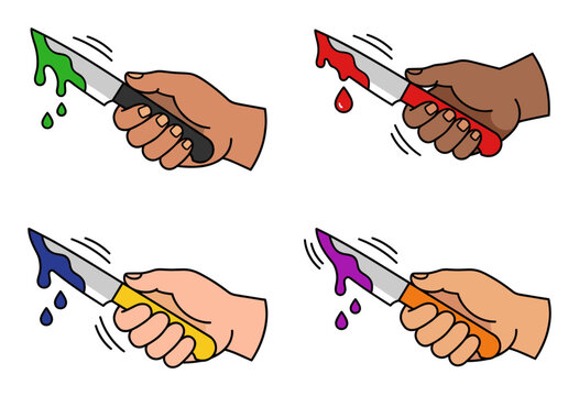 Hands clutch kitchen knives as colorful liquids drip, evoking crime, horror, and danger ina cartoon style