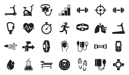 Fototapeta premium Fitness and healthcare activity monitoring icon collection with exercise