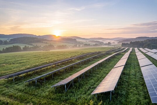Aerial View Of Solar Panel Farm In Green Field At Misty Sunrise