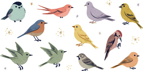 Obraz premium Cute hand drawn colorful birds collection set illustration on isolated white background vector