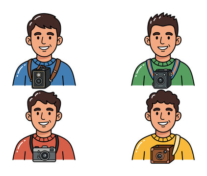 Four cartoon men pose with vintage cameras, each flashing a friendly smile