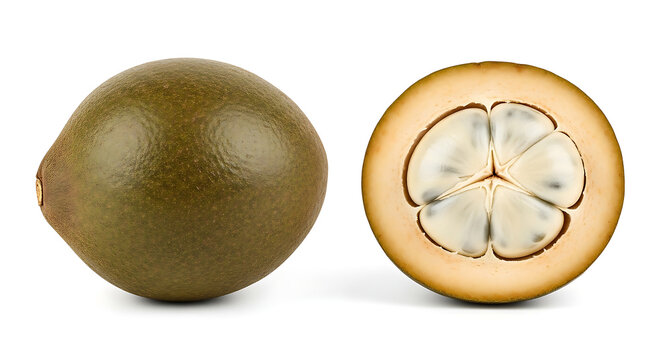 Whole and sliced star apple fruit isolated on white background