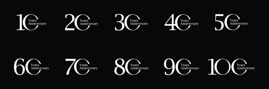 Collection of numbers 10 to 100 Anniversary logo design. Elegant luxury logo symbol concept