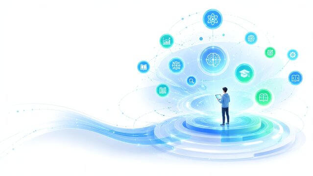 AI education galaxy personalized learning constellation with luminous skills, interconnected knowledge nodes, adaptive mentor architecture, competency mapping, future workforce infographic
