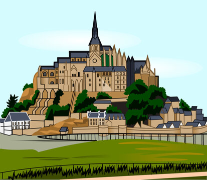 CIMAHI,INDONESIA-JUNE 24,2026-Vector color of Mont Saint Michel Island in Normandy France with unique vintage architecture buildings landscape. Vector illustration for poster,collection,background,sti