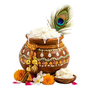 Janmashtami Butter Pot with Peacock Feather and Festive Flowers