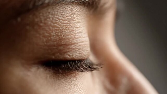 Close-up of a brown eye gently blinking showcasing beautiful skin and long eyelashes in natural light