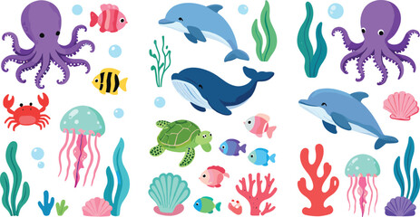 Vector illustration of cartoon sea creatures and ocean elements representing marine life, education, and playful design themes © Sahara