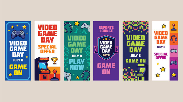 Retro video game day banner set, pixel art gaming vertical flyers, esports lounge promotion posters with arcade machine and controller icons