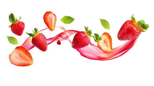 Fresh strawberries and strawberry juice splash isolated on transparent background ai generated image