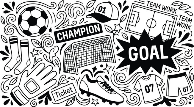 Soccer football doodle vector illustration elements set with ball goal gate uniform boots championship and team work