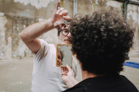 POV Focused barber Haircut With Hand Mirror