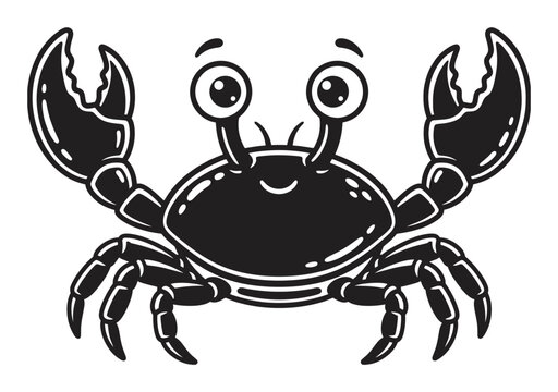 Happy cartoon crab character with large claws and eyes, black and white icon representing marine life and seafood