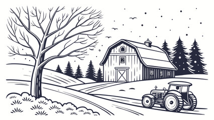Rustic farm barn and tractor in a snowy winter field with countryside, landscape © Khadija