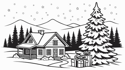 Obraz premium Winter landscape with decorated christmas tree and presents near cabin, presents