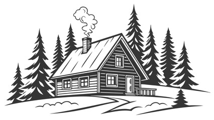 Fototapeta premium Rustic log cabin in snowy forest vector illustration with landscape, seasonal