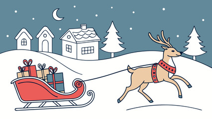 Christmas sleigh pulled by reindeer in winter village landscape with reindeer © Khadija