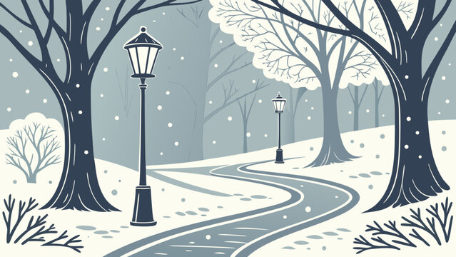 Winter park landscape with lanterns and snowing path landscape illustration