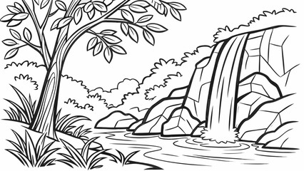 Cartoon waterfall with tree and rocks in a forest waterfall landscape © Khadija